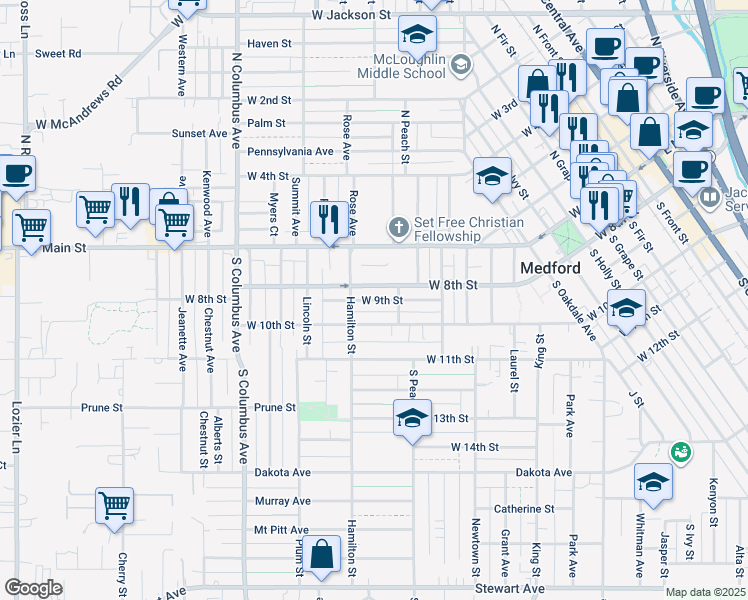 map of restaurants, bars, coffee shops, grocery stores, and more near 1148 West 8th Street in Medford