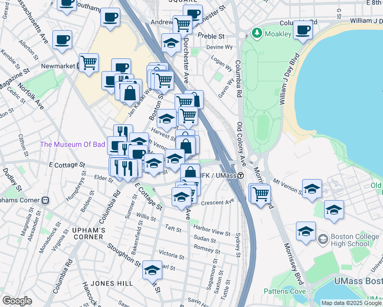map of restaurants, bars, coffee shops, grocery stores, and more near 834 Dorchester Avenue in Boston