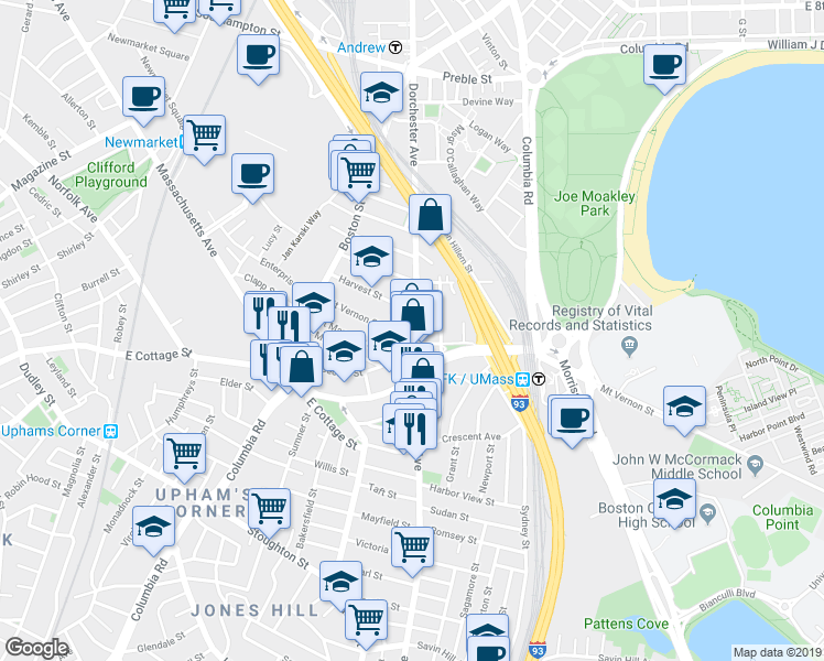 map of restaurants, bars, coffee shops, grocery stores, and more near 834 Dorchester Avenue in Boston
