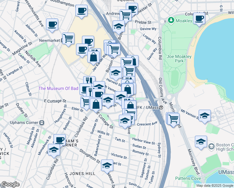 map of restaurants, bars, coffee shops, grocery stores, and more near 20 Mount Vernon Street in Boston