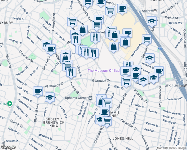 map of restaurants, bars, coffee shops, grocery stores, and more near 23 Robey Street in Boston