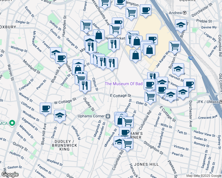 map of restaurants, bars, coffee shops, grocery stores, and more near 23 Robey Street in Boston