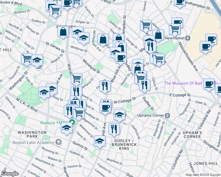 map of restaurants, bars, coffee shops, grocery stores, and more near 85 Blue Hill Avenue in Boston