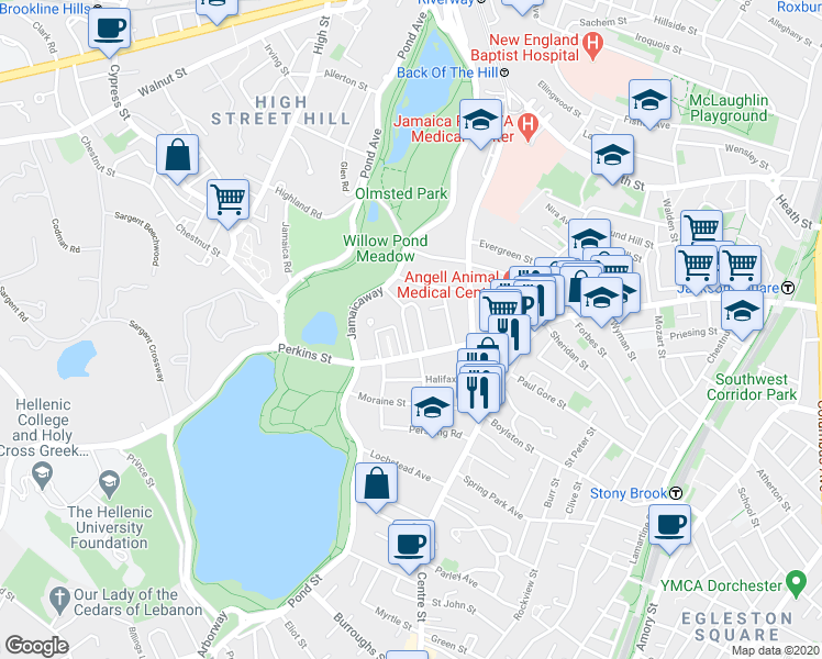 map of restaurants, bars, coffee shops, grocery stores, and more near 69 Parkton Road in Boston