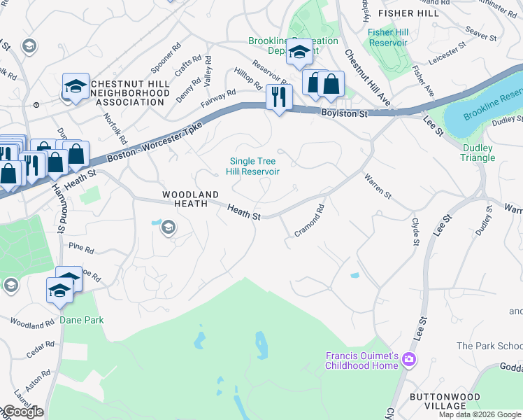 map of restaurants, bars, coffee shops, grocery stores, and more near 130 Cabot Street in Brookline