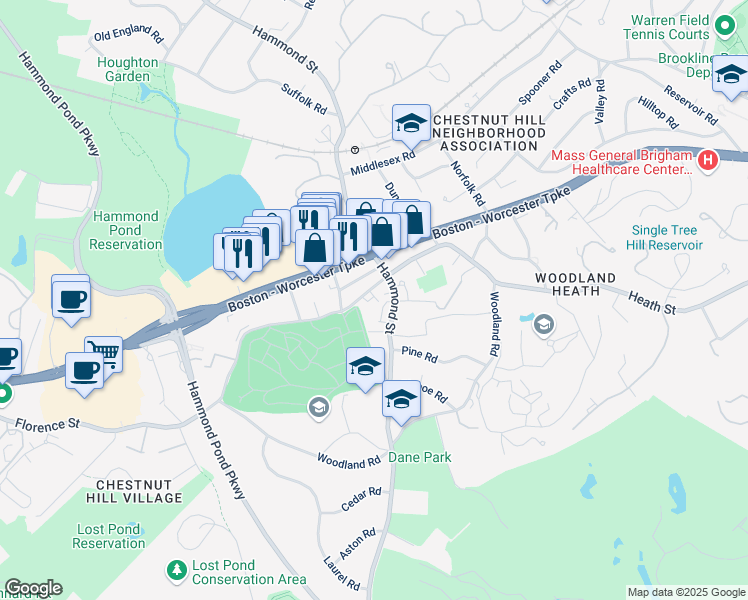 map of restaurants, bars, coffee shops, grocery stores, and more near 22 Sheafe Street in Brookline