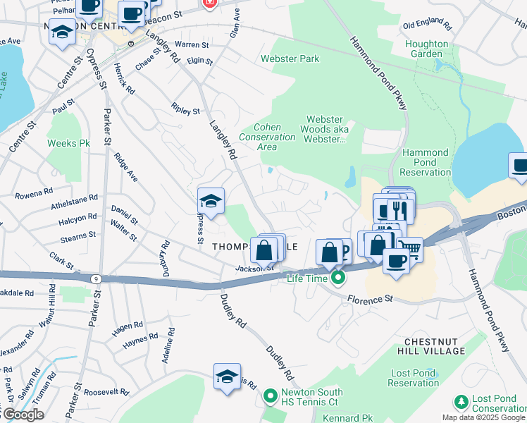 map of restaurants, bars, coffee shops, grocery stores, and more near 15 Hamlet Street in Newton