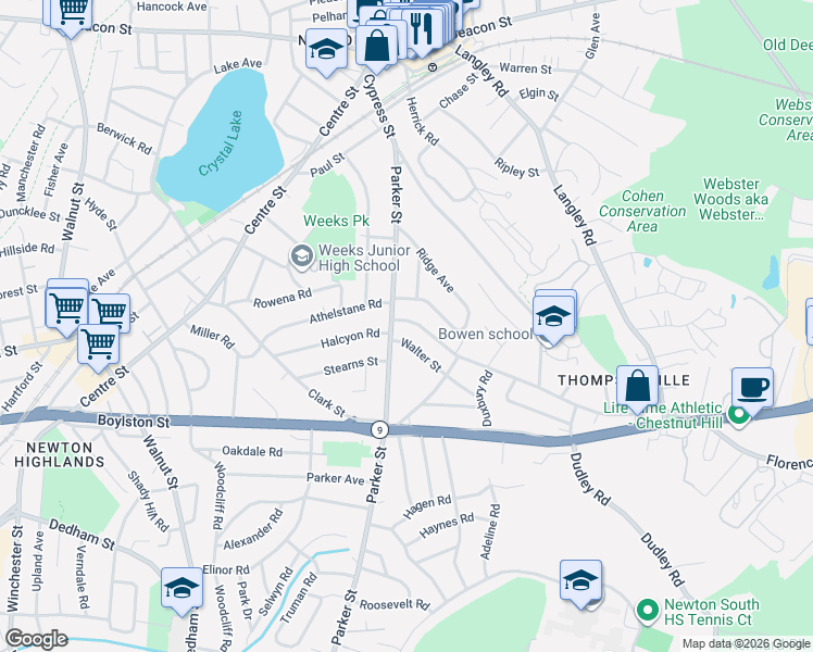 map of restaurants, bars, coffee shops, grocery stores, and more near 166 Ridge Avenue in Newton