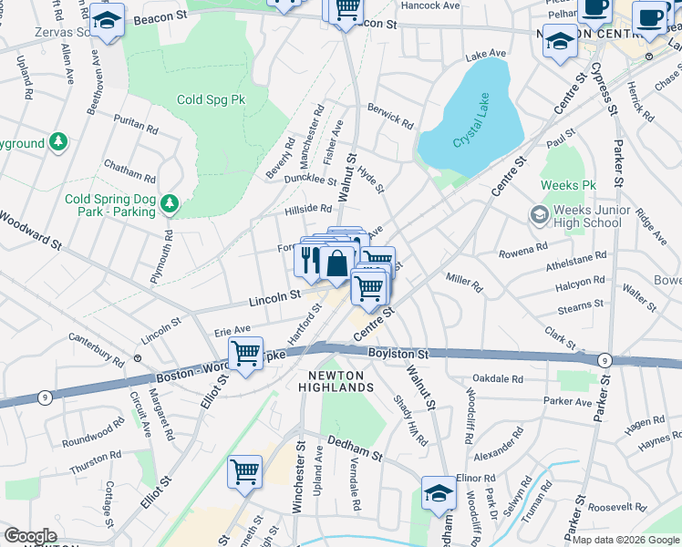 map of restaurants, bars, coffee shops, grocery stores, and more near 1150 Walnut Street in Newton