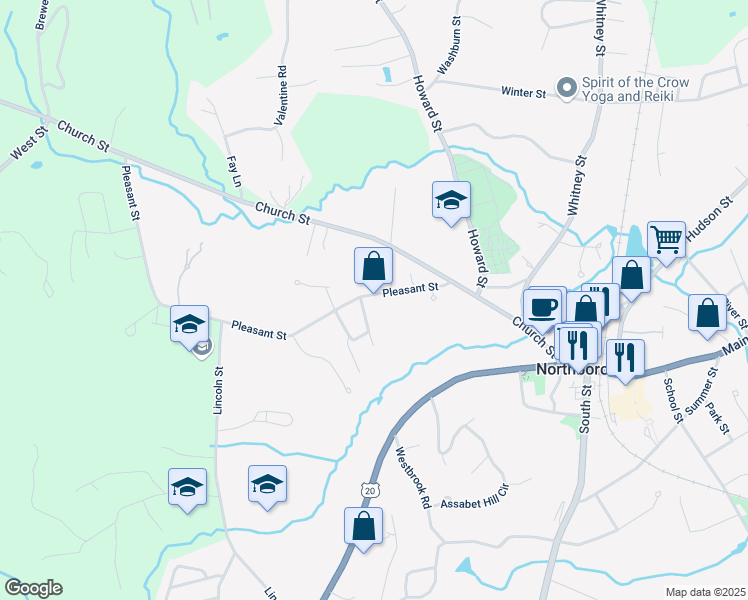 map of restaurants, bars, coffee shops, grocery stores, and more near 44 Pleasant Street in Northborough