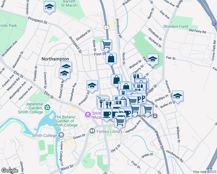 map of restaurants, bars, coffee shops, grocery stores, and more near 7 Park Avenue in Northampton
