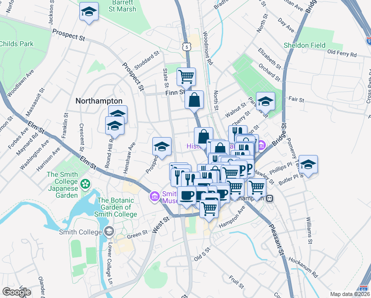 map of restaurants, bars, coffee shops, grocery stores, and more near 7 Park Avenue in Northampton