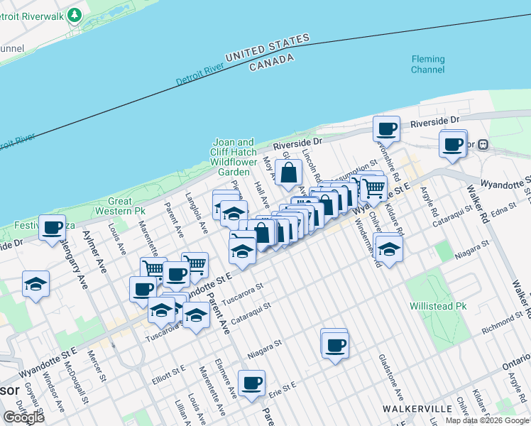 map of restaurants, bars, coffee shops, grocery stores, and more near 365 Hall Avenue in Windsor
