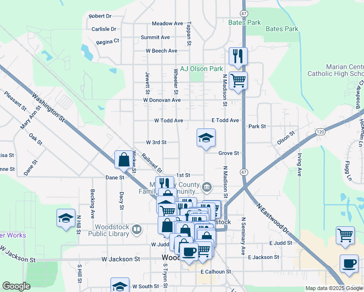 map of restaurants, bars, coffee shops, grocery stores, and more near 815 Wheeler Street in Woodstock