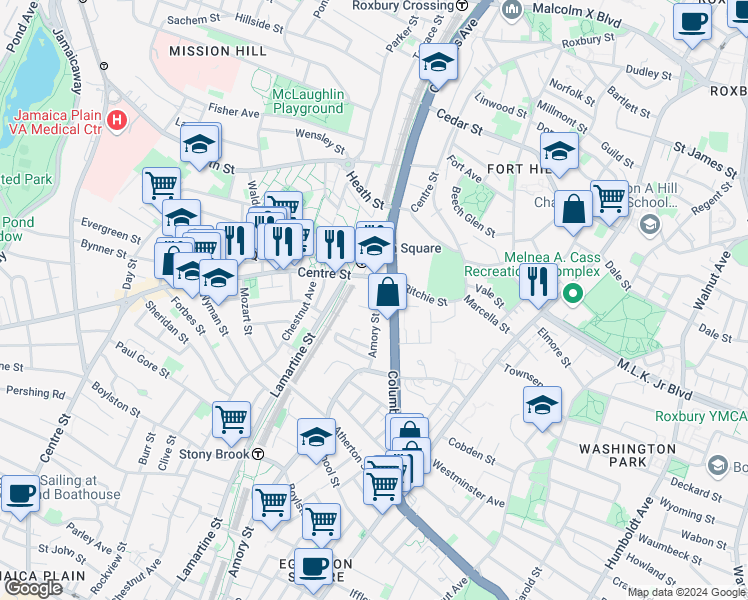 map of restaurants, bars, coffee shops, grocery stores, and more near 25 Amory Street in Boston