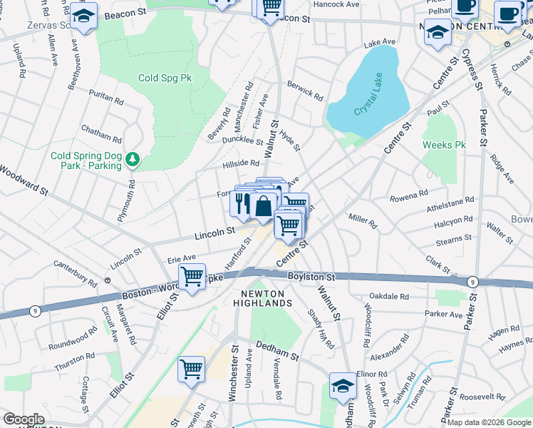 map of restaurants, bars, coffee shops, grocery stores, and more near 1151 Walnut Street in Newton