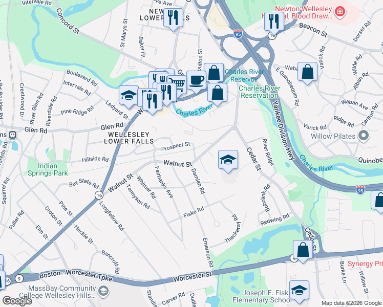 map of restaurants, bars, coffee shops, grocery stores, and more near 39 Prospect Street in Wellesley