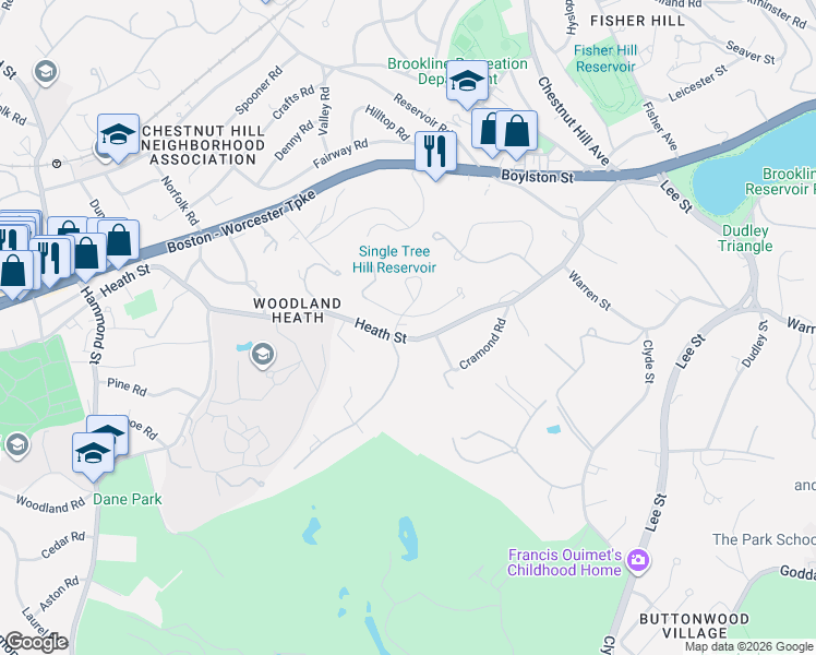 map of restaurants, bars, coffee shops, grocery stores, and more near 130 Cabot Street in Brookline