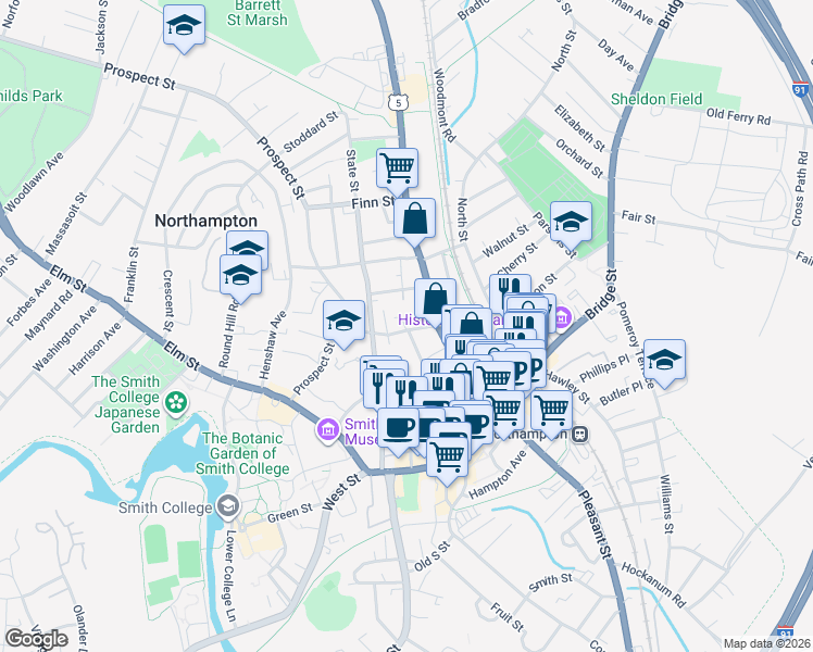 map of restaurants, bars, coffee shops, grocery stores, and more near 7 Park Avenue in Northampton