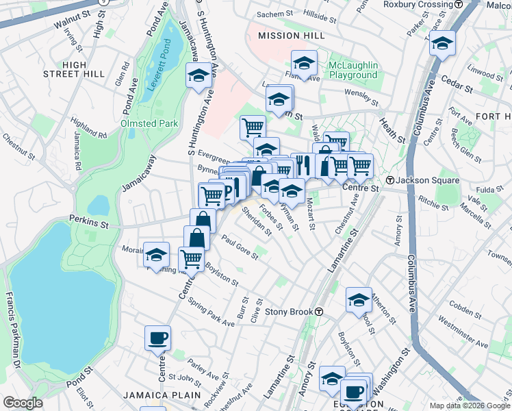 map of restaurants, bars, coffee shops, grocery stores, and more near 7 Forbes Street in Boston