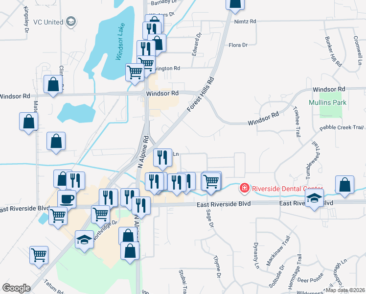 map of restaurants, bars, coffee shops, grocery stores, and more near 7109 Forest Hills Road in Loves Park