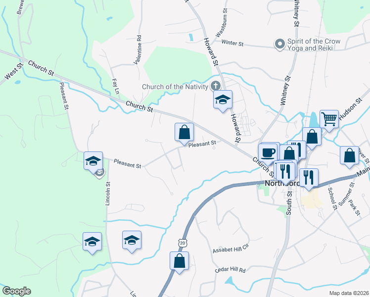 map of restaurants, bars, coffee shops, grocery stores, and more near 44 Pleasant Street in Northborough