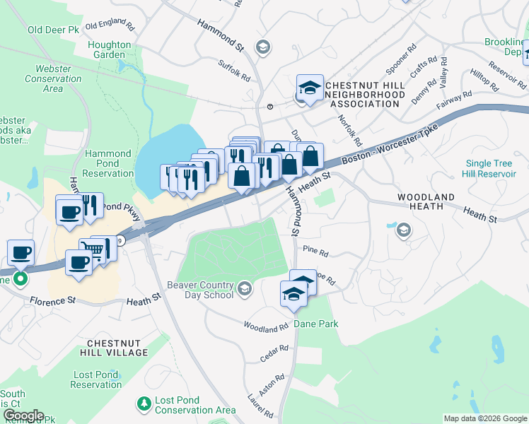 map of restaurants, bars, coffee shops, grocery stores, and more near 26 Holly Lane in Brookline