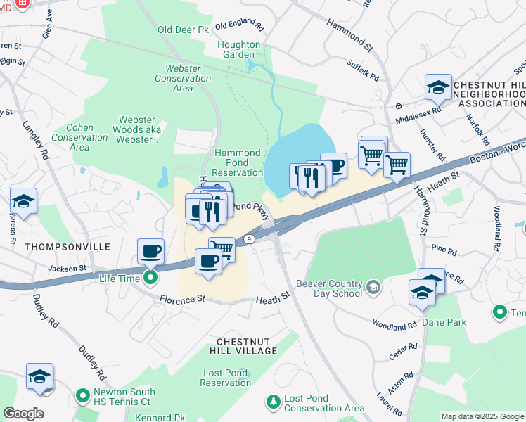 map of restaurants, bars, coffee shops, grocery stores, and more near 323 Hammond Pond Parkway in Newton