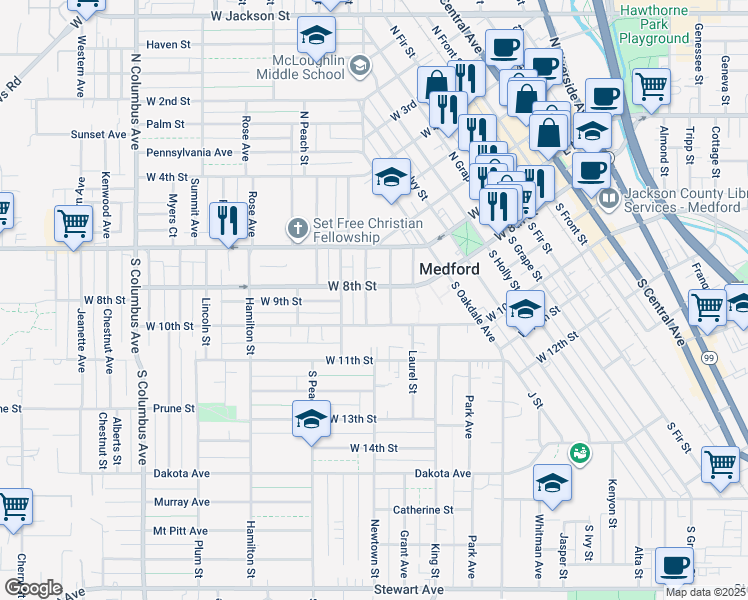 map of restaurants, bars, coffee shops, grocery stores, and more near 111 Newtown Street in Medford