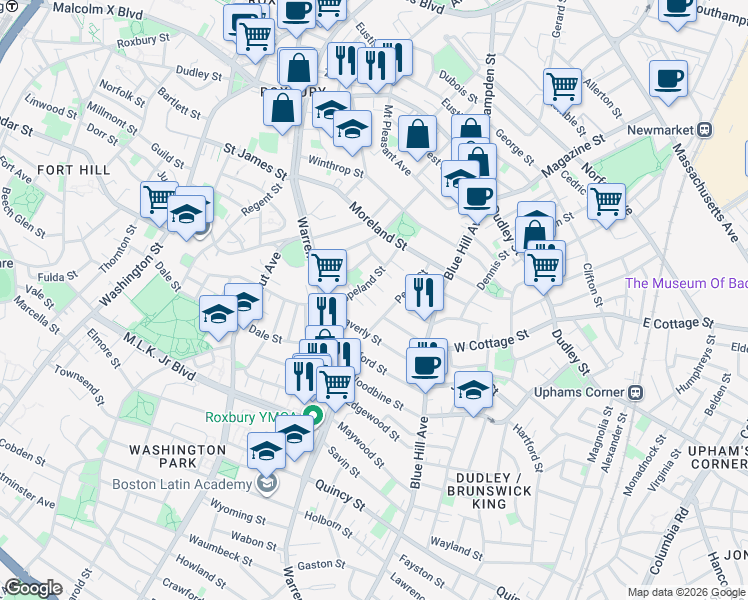 map of restaurants, bars, coffee shops, grocery stores, and more near 42 Copeland Street in Boston
