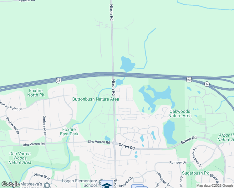 map of restaurants, bars, coffee shops, grocery stores, and more near 3400 Nixon Road in Ann Arbor