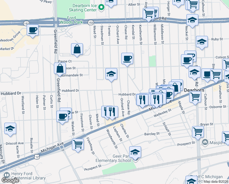 map of restaurants, bars, coffee shops, grocery stores, and more near 4917 Orchard Avenue in Dearborn