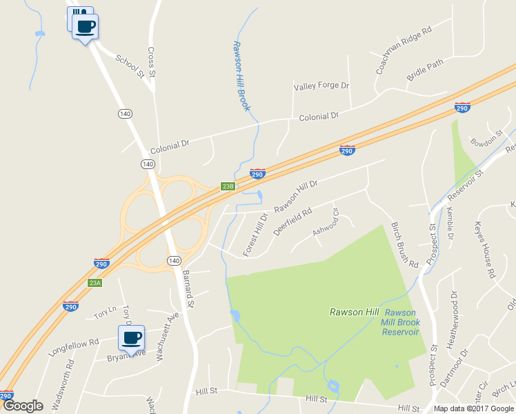 map of restaurants, bars, coffee shops, grocery stores, and more near 9 Rawson Hill Drive in Shrewsbury