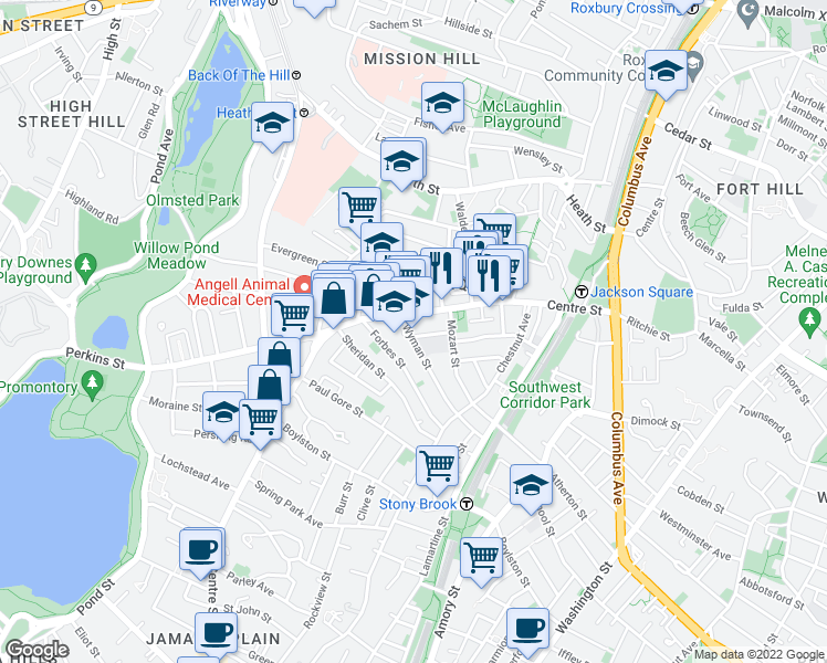 map of restaurants, bars, coffee shops, grocery stores, and more near 334 Centre Street in Boston