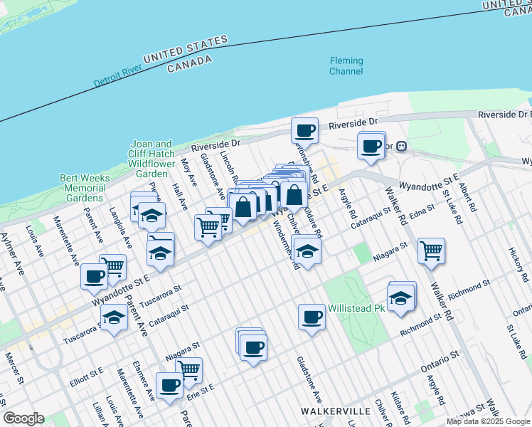 map of restaurants, bars, coffee shops, grocery stores, and more near 1670 Wyandotte Street East in Windsor
