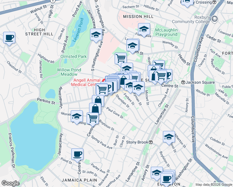 map of restaurants, bars, coffee shops, grocery stores, and more near 386-386A Centre Street in Boston