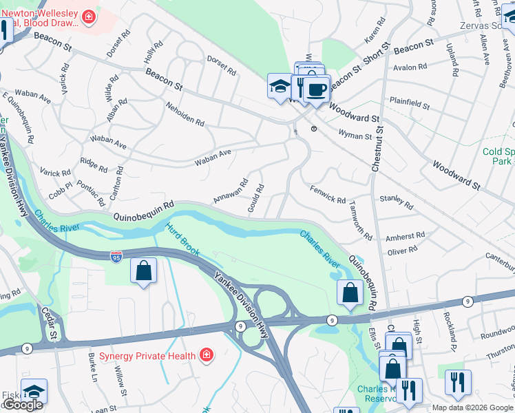 map of restaurants, bars, coffee shops, grocery stores, and more near 9 York Road in Newton