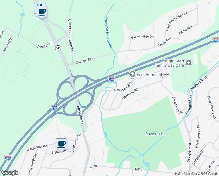 map of restaurants, bars, coffee shops, grocery stores, and more near 9 Rawson Hill Drive in Shrewsbury