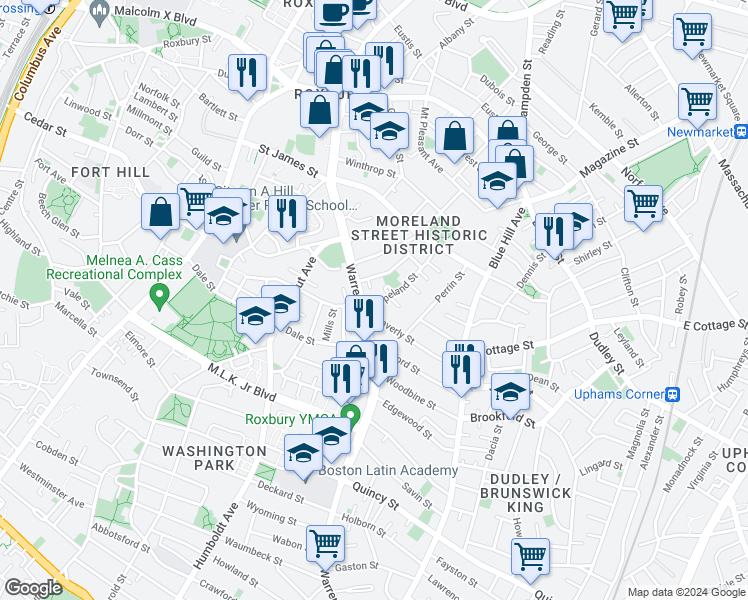 map of restaurants, bars, coffee shops, grocery stores, and more near 12 Copeland Street in Boston