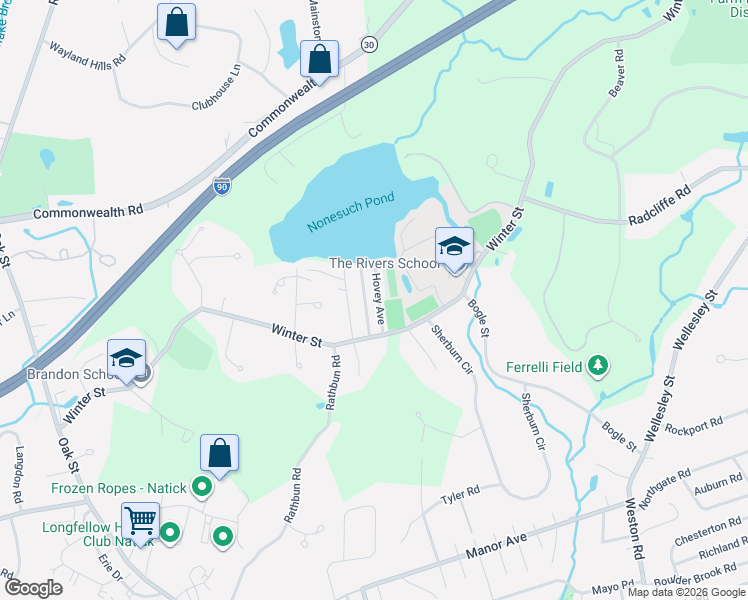 map of restaurants, bars, coffee shops, grocery stores, and more near 11 Hovey Avenue in Natick