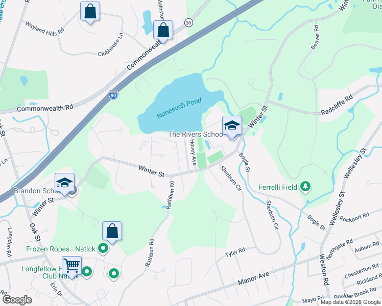 map of restaurants, bars, coffee shops, grocery stores, and more near 6 Hovey Avenue in Natick