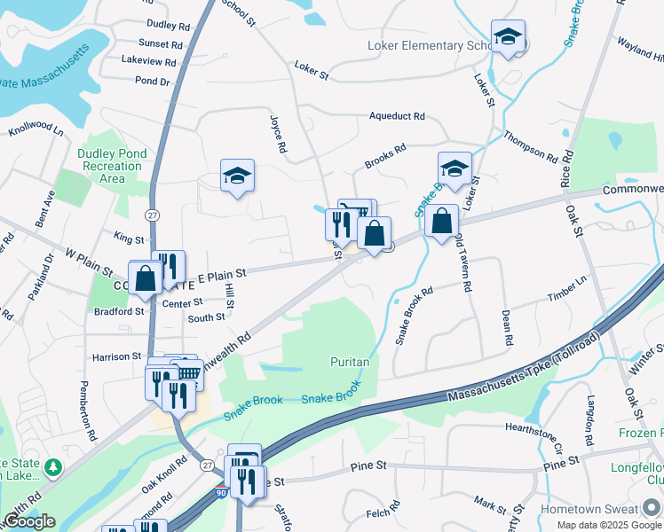 map of restaurants, bars, coffee shops, grocery stores, and more near 4 School Street in Wayland