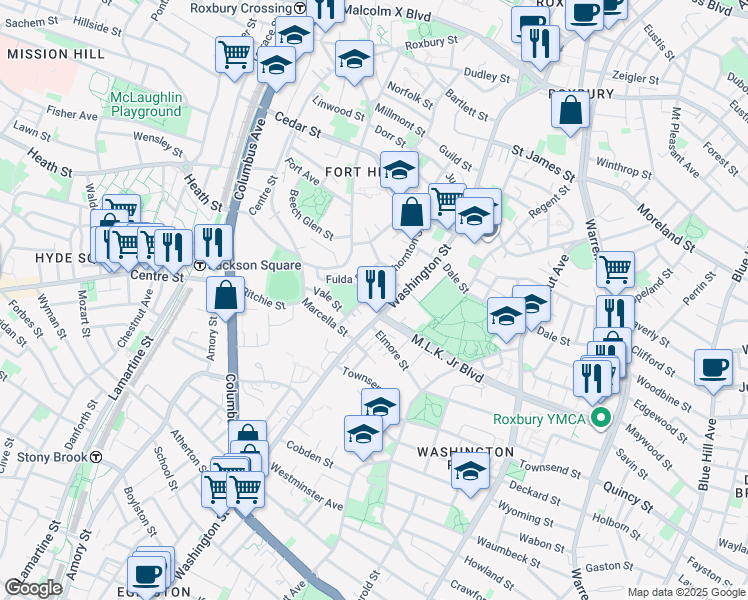 map of restaurants, bars, coffee shops, grocery stores, and more near 151 Thornton Street in Boston