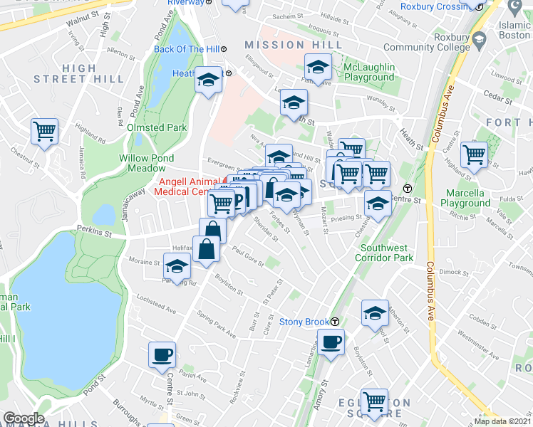 map of restaurants, bars, coffee shops, grocery stores, and more near 386-386A Centre Street in Boston