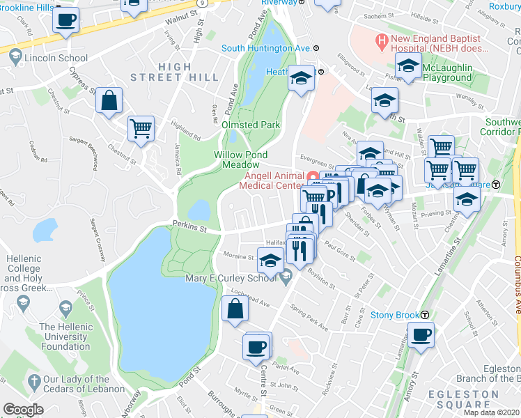 map of restaurants, bars, coffee shops, grocery stores, and more near 69 Parkton Road in Boston