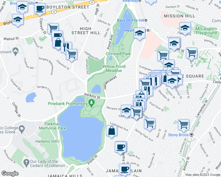 map of restaurants, bars, coffee shops, grocery stores, and more near 111 Perkins Street in Boston