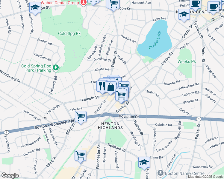 map of restaurants, bars, coffee shops, grocery stores, and more near 1150-1152 Walnut Street in Newton