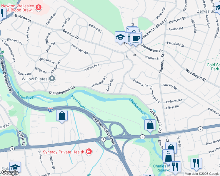 map of restaurants, bars, coffee shops, grocery stores, and more near 9 York Road in Newton