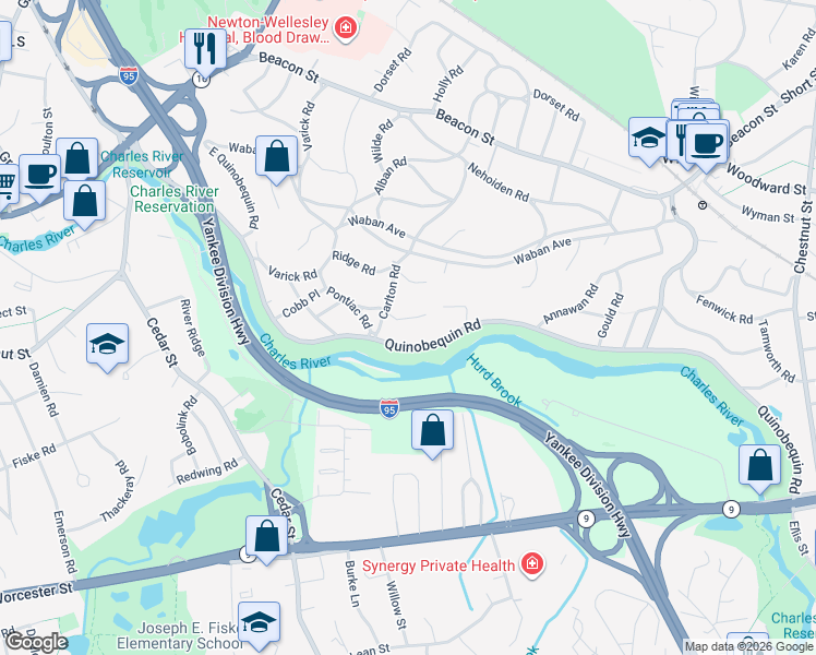 map of restaurants, bars, coffee shops, grocery stores, and more near 180 Carlton Road in Newton