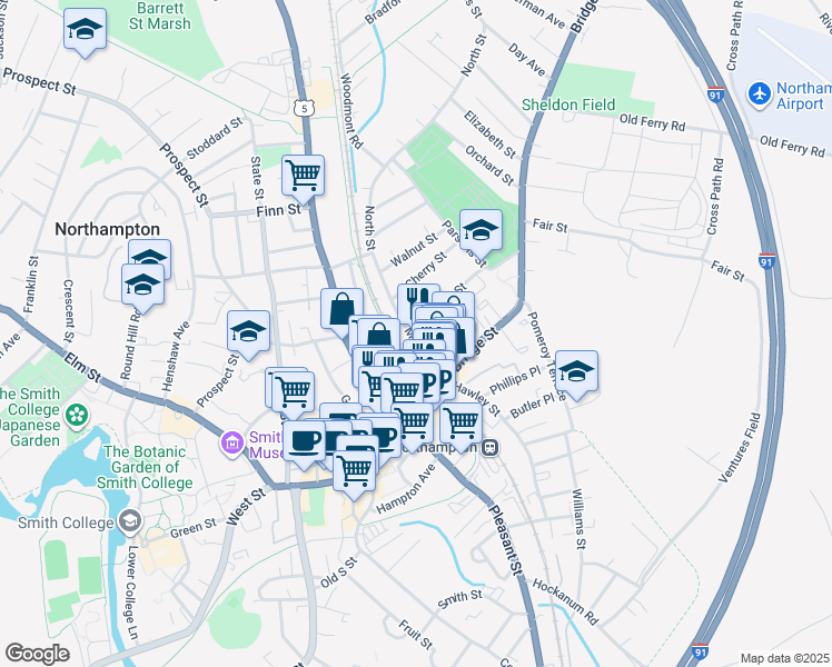 map of restaurants, bars, coffee shops, grocery stores, and more near 58 Market Street in Northampton